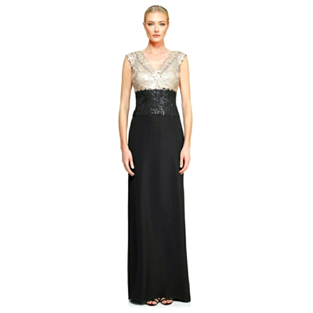Tadashi Shoji Gold & Black Rema Gown Size 12